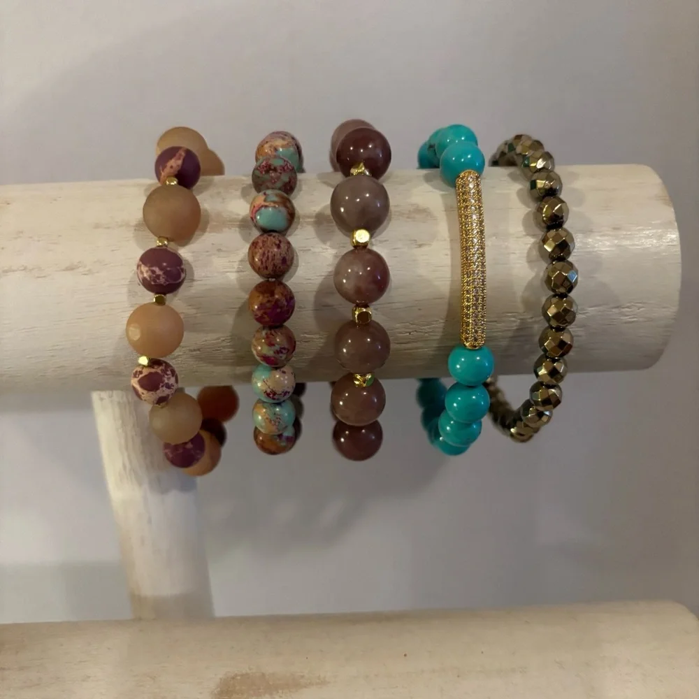 Handmade Gemstone Bracelet Stack Set of 5 NWT Turquoise Jasper Strawberry Quartz